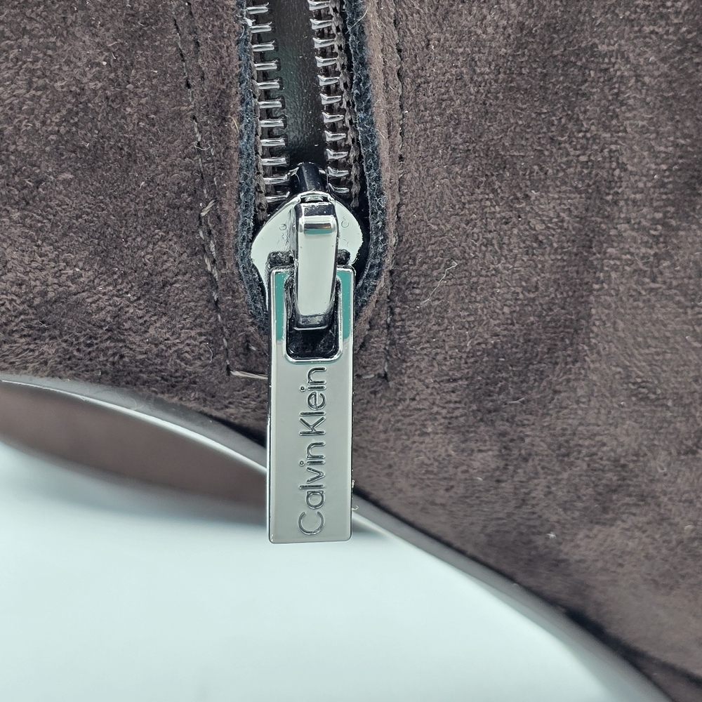 Calvin Klein Uda 2 Faux Suede Heeled Ankle Booties, Chocolate (Brown), Wmns 8.5M - Picture 6 of 16